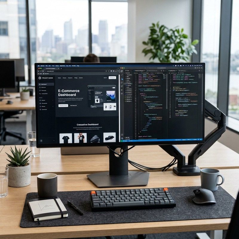 Developer working across front-end and back-end code on a website build