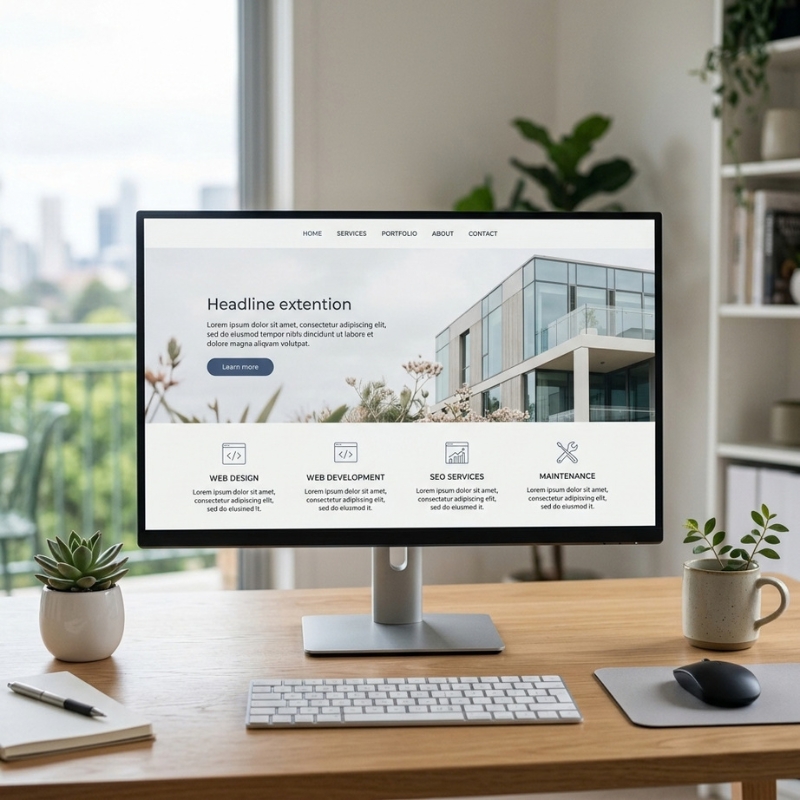 Business website design displayed on a desktop monitor in a professional workspace