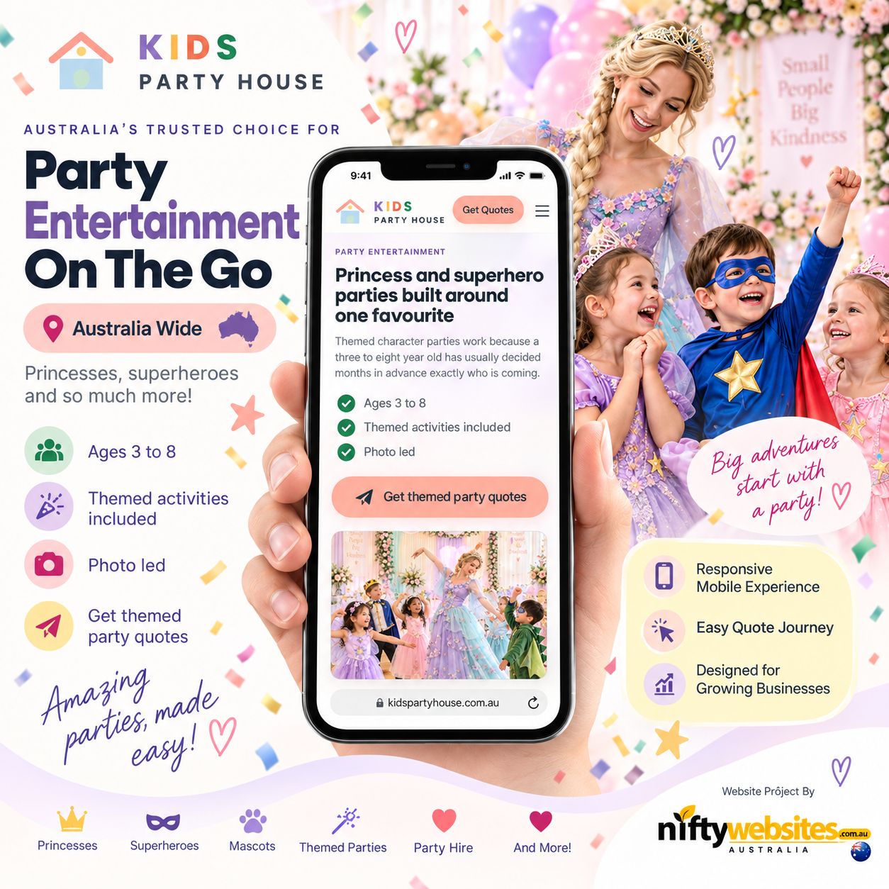 Kids Party House website on mobile