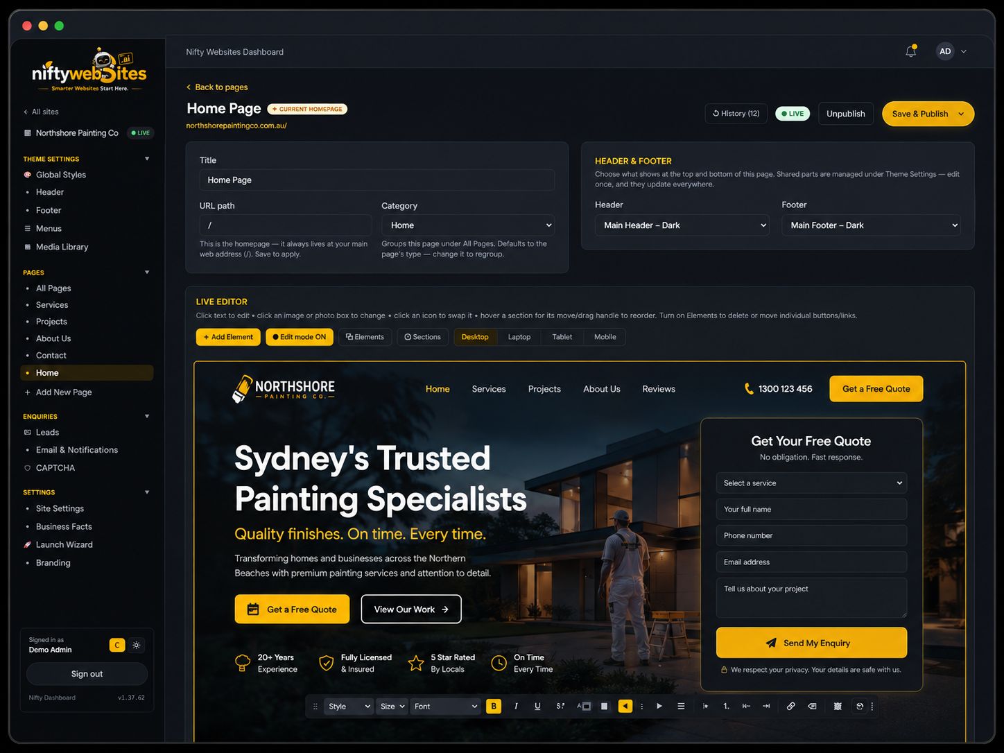 Nifty Websites AI live editor