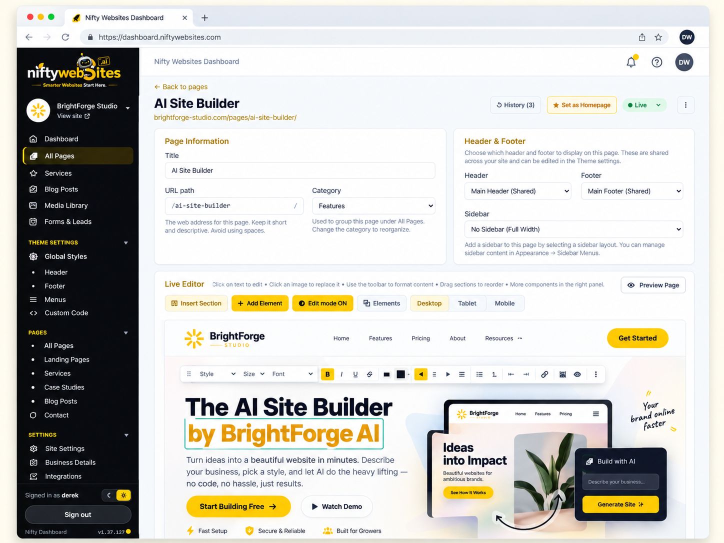 Nifty live editor with click-to-edit toolbar