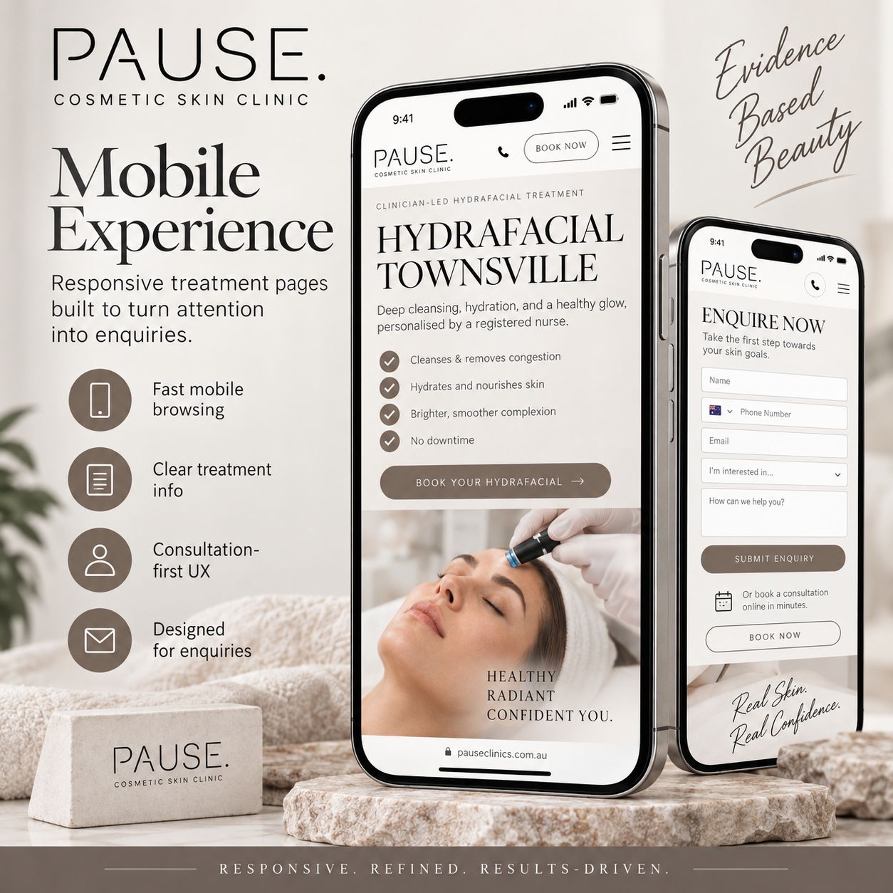 Pause Cosmetic Skin Clinic website on mobile
