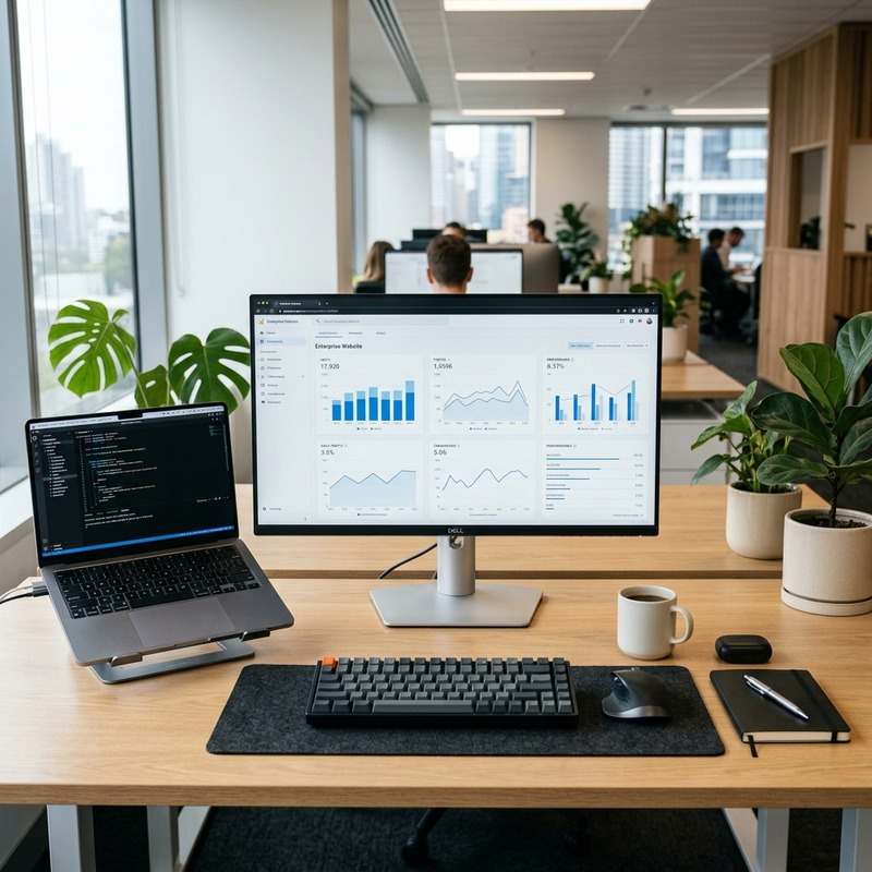 Business team reviewing website performance dashboards on a large screen