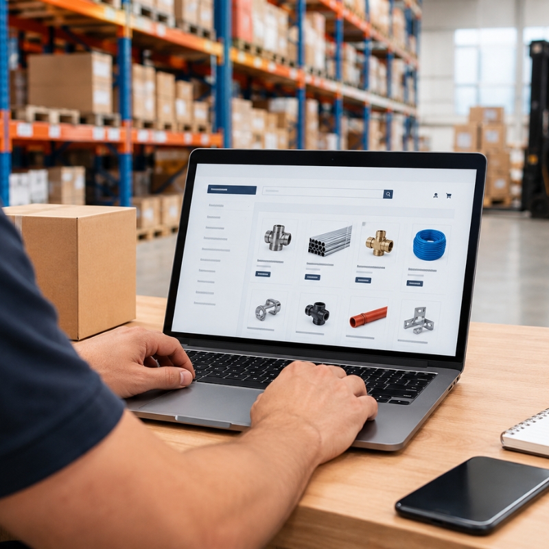 Website Costs and Features for Wholesalers and B2B Suppliers in Australia B2B buyer placing a wholesale order on a laptop in a warehouse