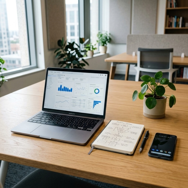 Digital marketing agency workspace with a laptop displaying website analytics and marketing performance charts.