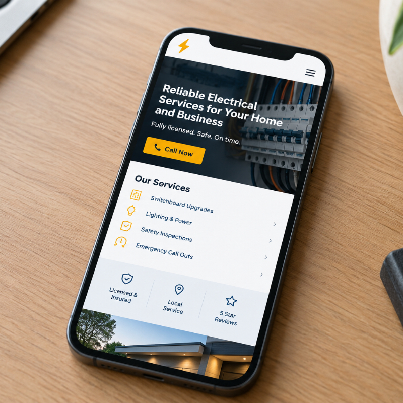 Clean electrician website mockup shown on a mobile phone