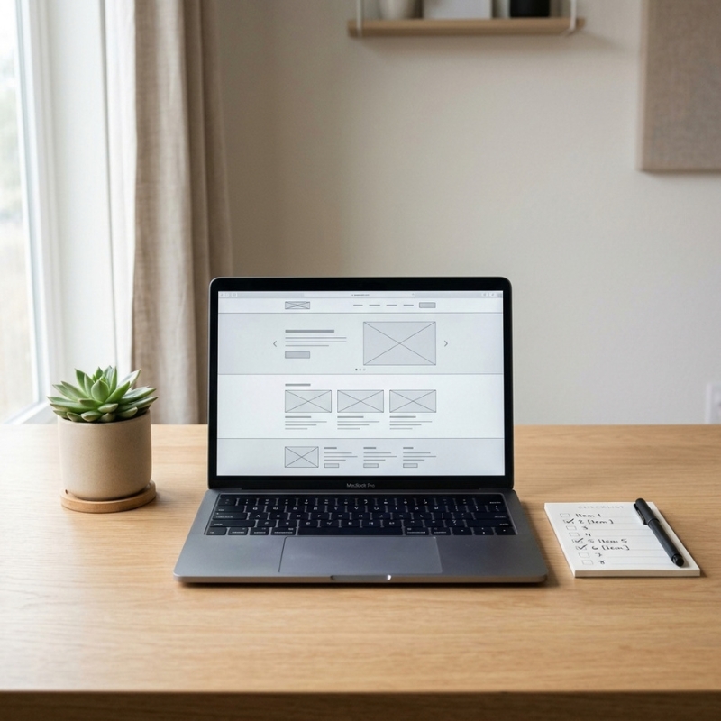 What to Check Before You Approve a Website Redesign Quote Website redesign planning checklist beside a laptop displaying a website layout.