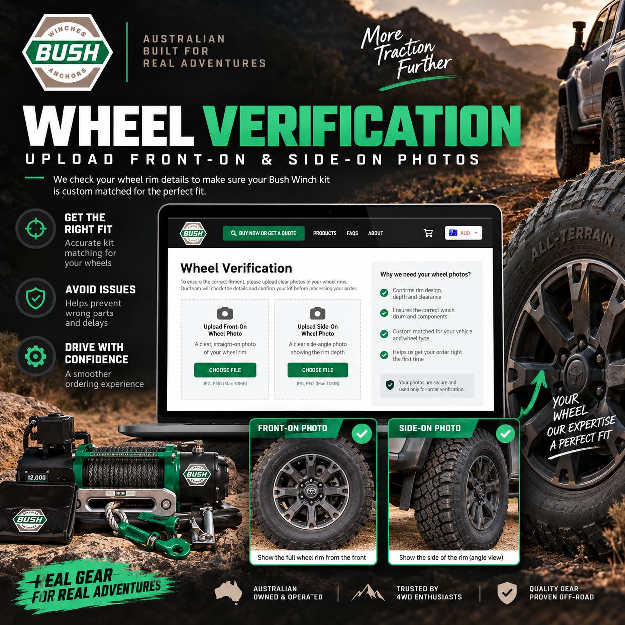 Bush Winch wheel-photo verification with direct upload and QR-code mobile capture