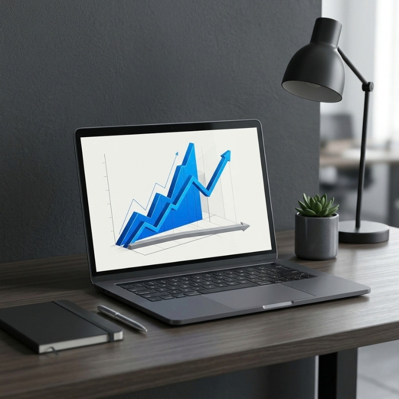 Minimalist vector illustration showing a laptop displaying a digital analytics line chart with rising impressions and zero clicks.