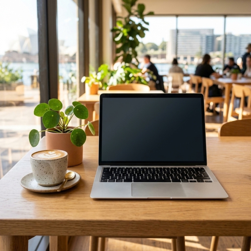 How to Choose a Domain Name for an Australian Business Laptop open on a bright wooden desk in an Australian office, ready to search for business domain names.