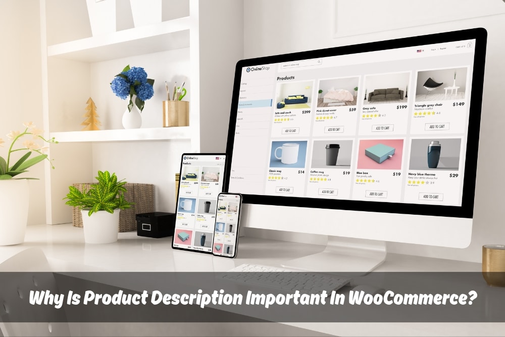 A desktop computer displaying a variety of colourful products on a WooCommerce store. The description for a coffee mug is highlighted, emphasizing the importance of a clear and informative product description in WooCommerce.