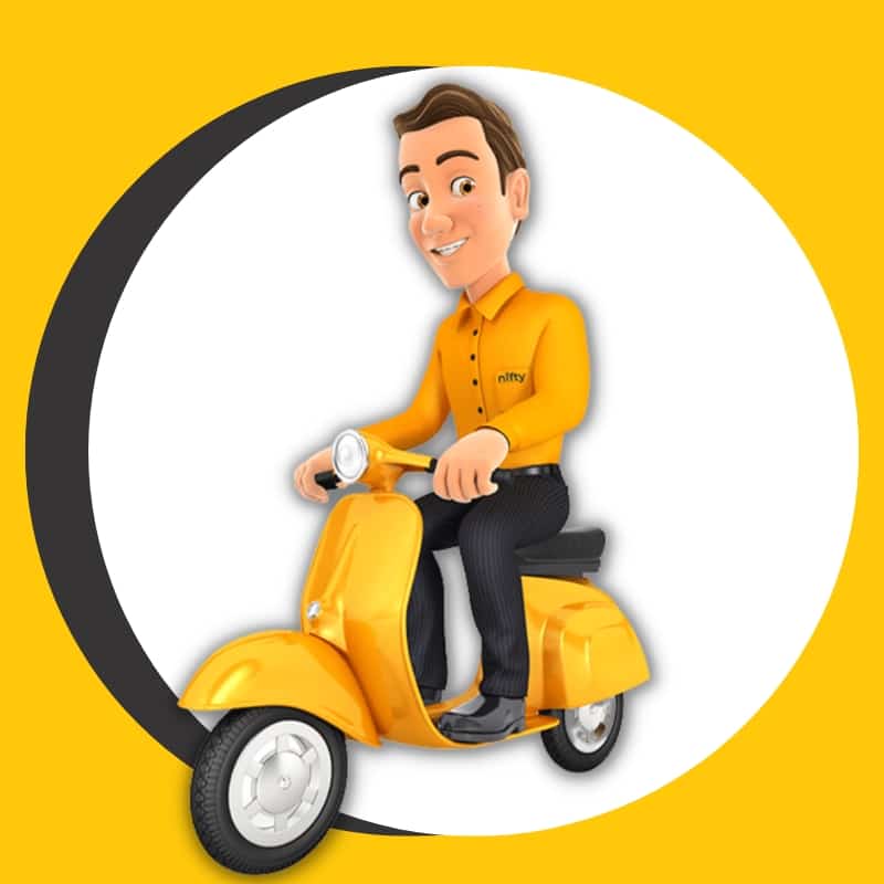 A cartoon man riding a scooter on a yellow background. Illustration for Web Design Reseller Partner.