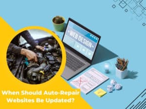 a mechanic fixing a machine of a car and a pic of a web design indicating auto repair websites