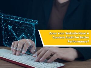 Hands typing on a keyboard with a digital growth chart, featuring the text 'Does Your Website Need A Content Audit?