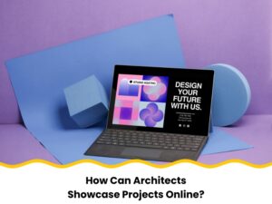 Creative architect portfolio website on a tablet with geometric background and bold design elements.