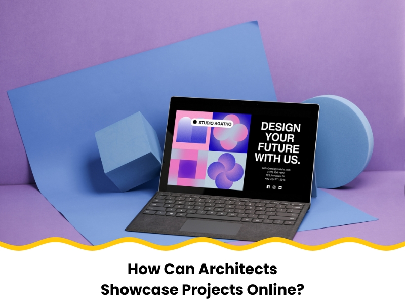 Creative architect portfolio website on a tablet with geometric background and bold design elements.