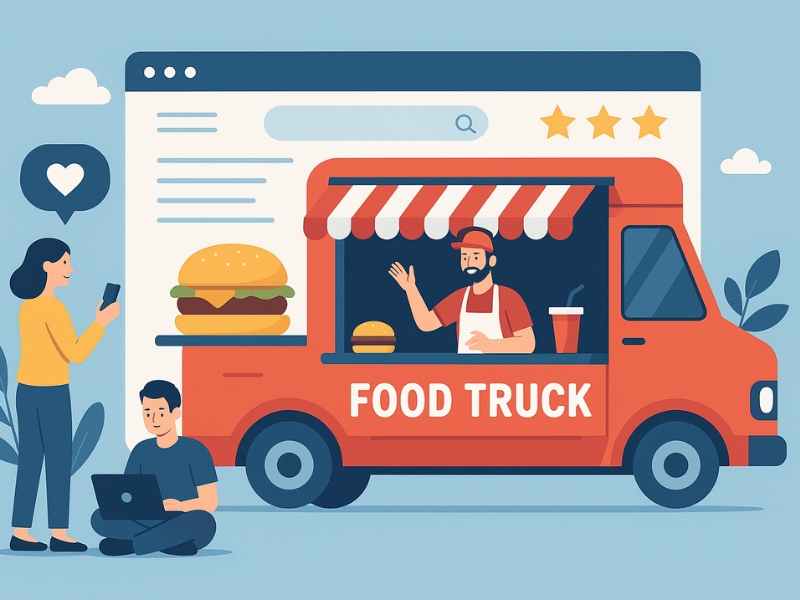 Food truck website template illustration with customers using phone and laptop near a red food truck.