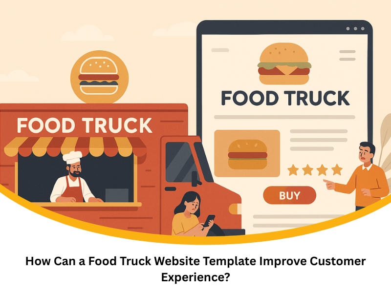 Food truck website template on large screen with order and rating buttons near orange food truck.