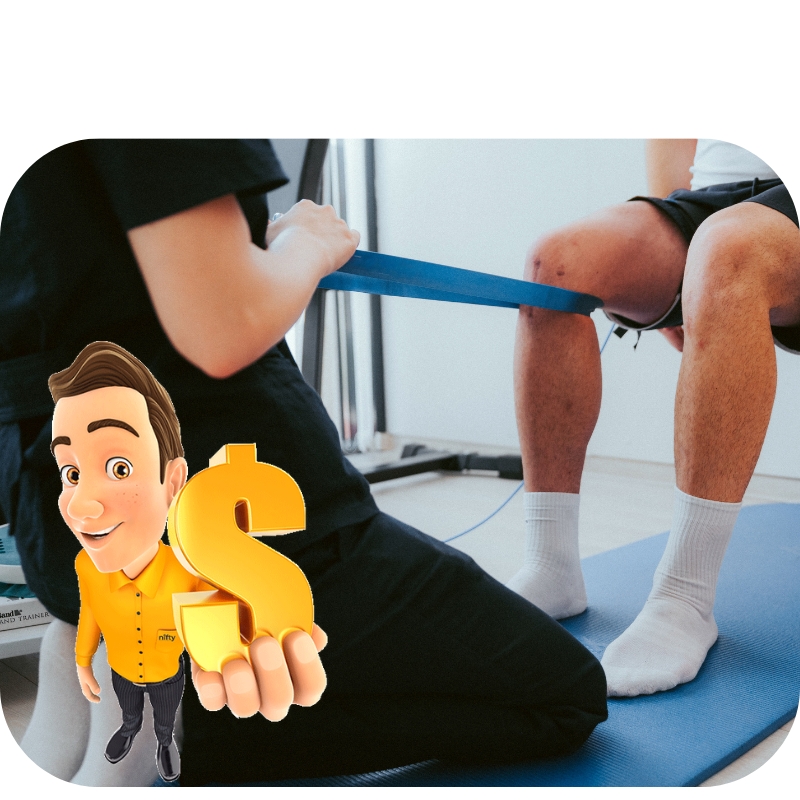A physiotherapist assists a patient with a knee rehabilitation exercise using a resistance band, while a cartoon character in a yellow “Nifty” shirt holds a large gold dollar sign, symbolizing financial growth or value.