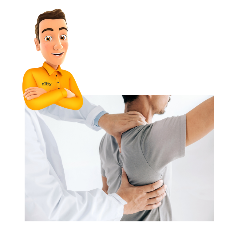 A physiotherapist assists a male patient with a shoulder movement exercise while a cheerful cartoon character in a yellow shirt labeled "nifty" stands in the foreground, smiling with arms crossed.