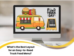 Illustrated truck food menu design with food truck, chalkboard, and burger graphics.