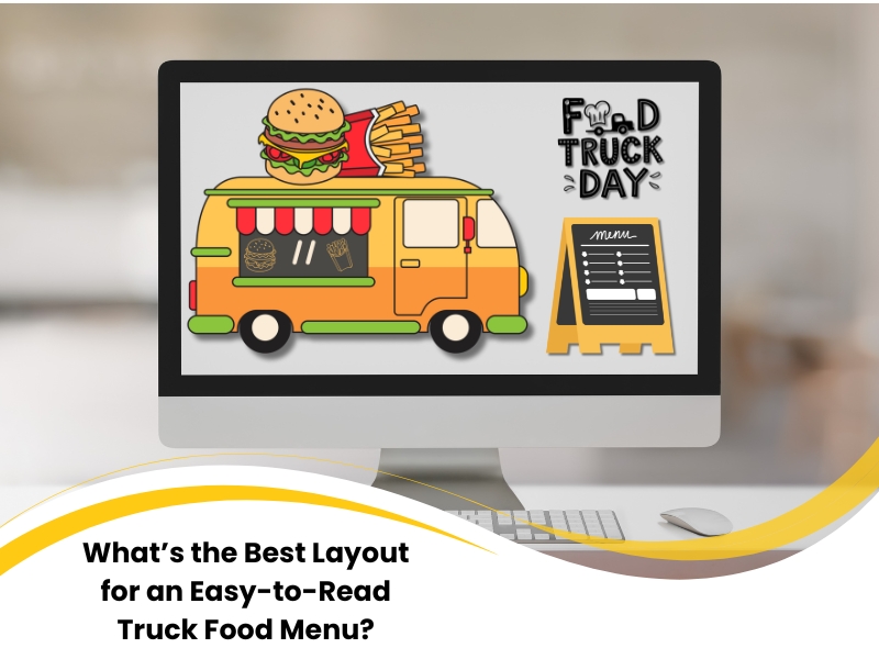 Illustrated truck food menu design with food truck, chalkboard, and burger graphics.