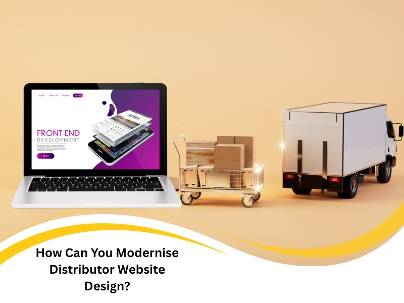 Modern distributor website design concept with laptop, delivery truck, and boxes.