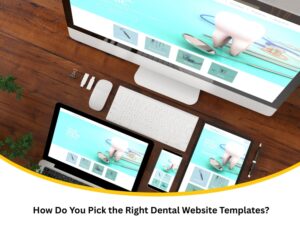 Responsive dental website templates displayed on desktop, laptop, tablet, and smartphone on wooden desk