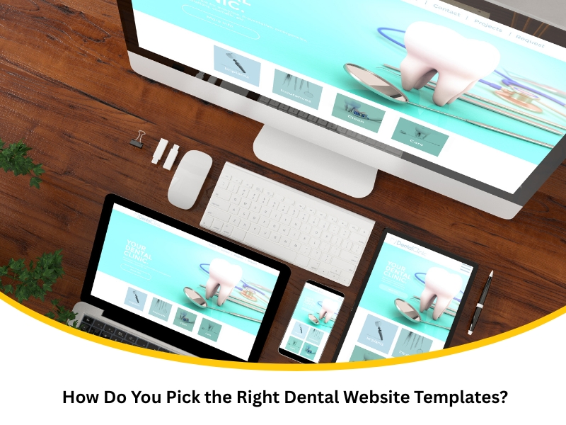 Responsive dental website templates displayed on desktop, laptop, tablet, and smartphone on wooden desk