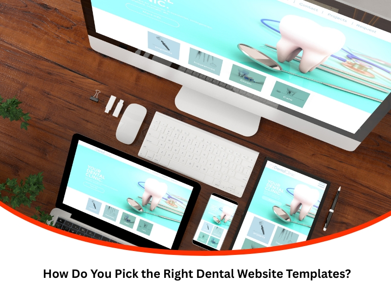 Responsive dental website templates displayed on desktop, laptop, tablet, and smartphone on wooden desk