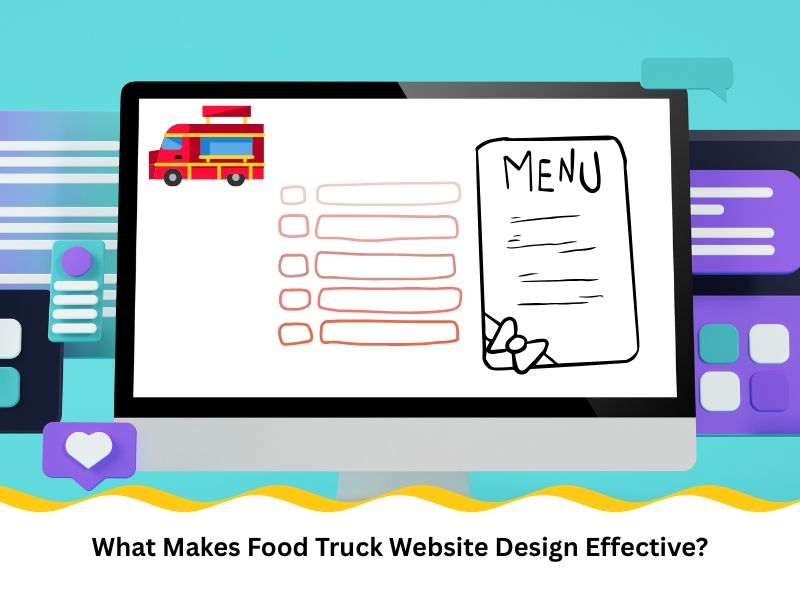 Illustration of food truck website design with menu layout on computer screen.