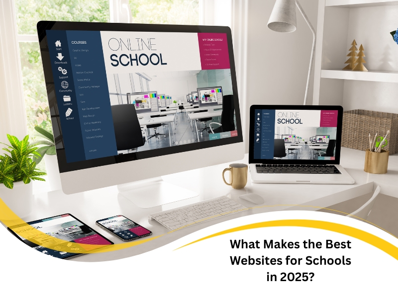 Modern workspace showing devices with the best websites for schools in 2025 across screen sizes.