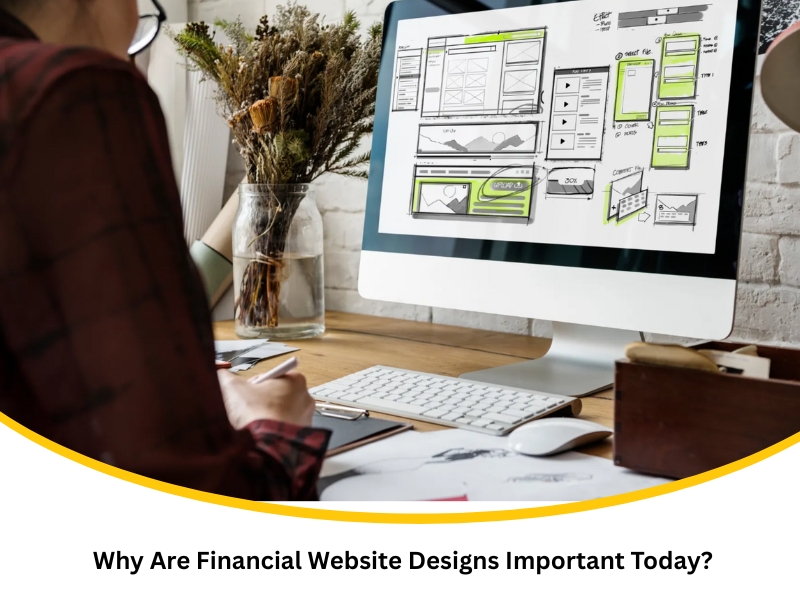 Woman creating financial website designs on desktop screen with UX layout planning