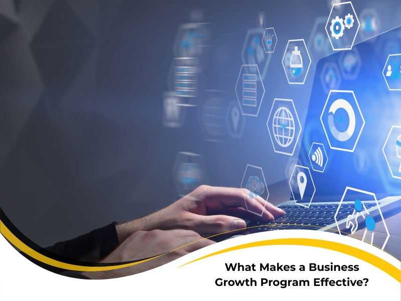 Business growth program digital strategy with laptop and futuristic tech icons.