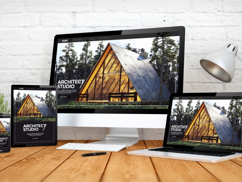 Best website for architecture shown on desktop, laptop, tablet, and smartphone with modern cabin design