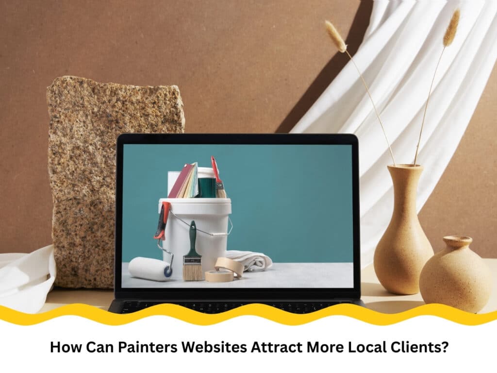 Laptop on a desk displaying painting tools and supplies used to promote painters websites.