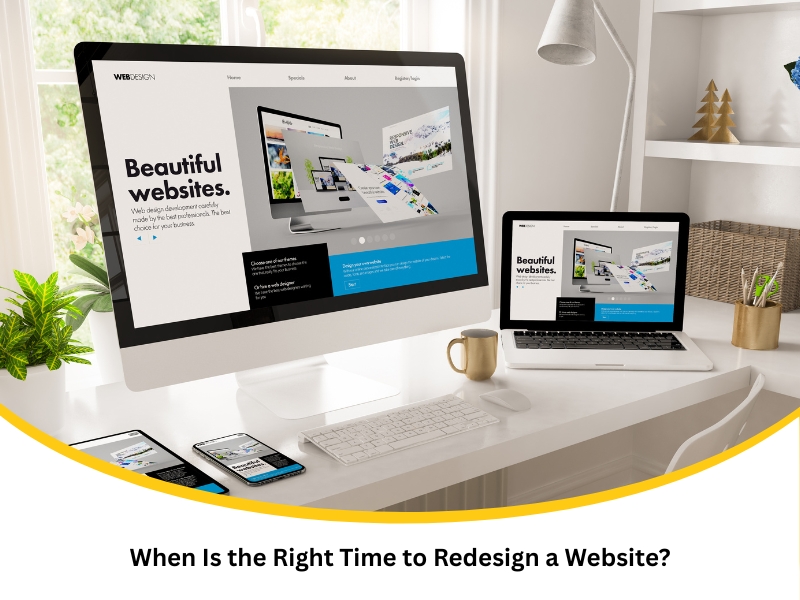 Modern workspace showing desktop, laptop, and mobile devices displaying responsive layouts, illustrating how to redesign a website effectively.