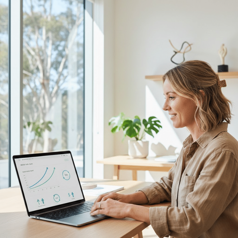 Australian business owner reviewing website speed, SEO and conversion performance on a laptop dashboard.