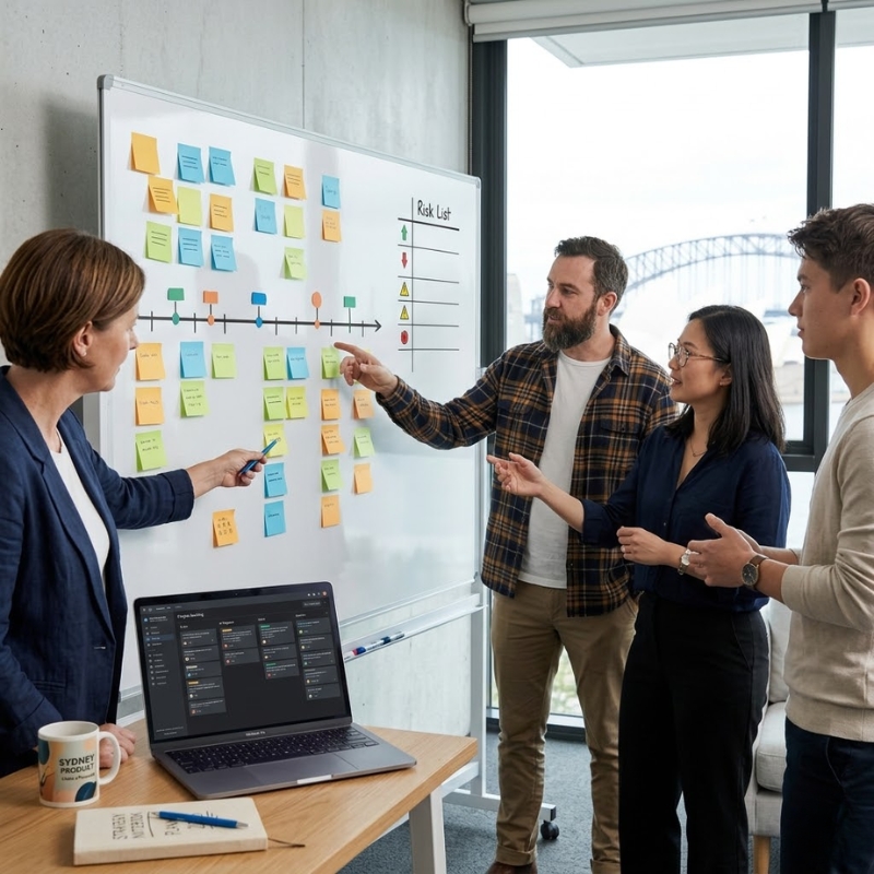 Australian team reviewing scope, timeline, and risks to prevent a software project blowing out.