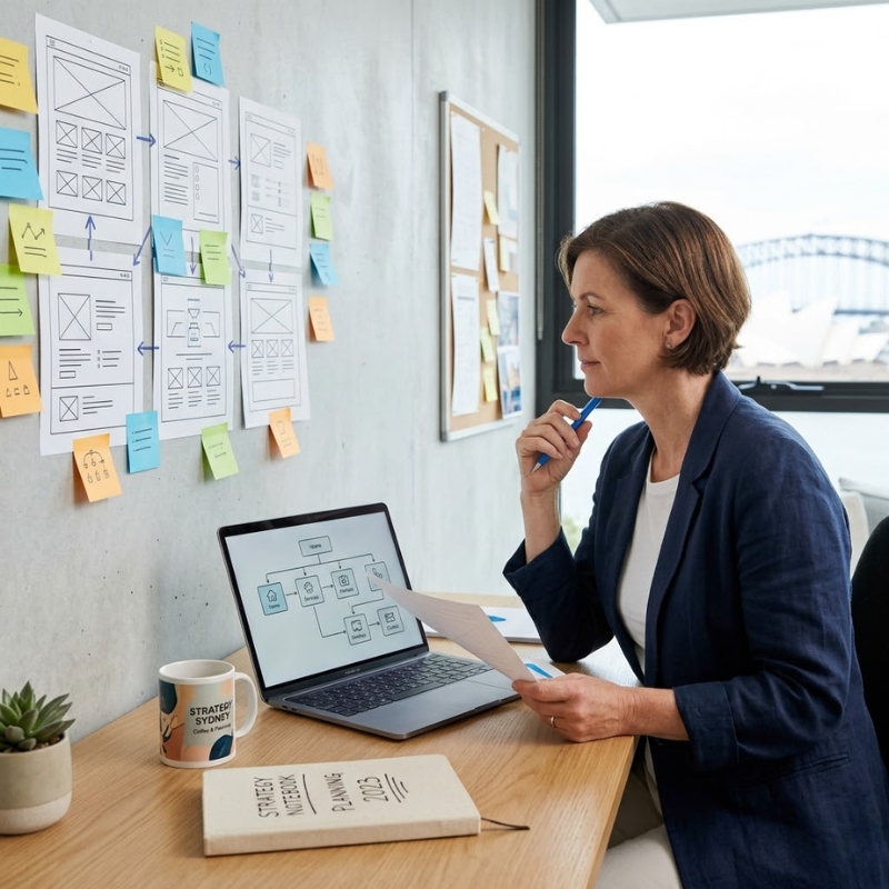 Australian small business owner planning website content with a sitemap and page briefs before design.