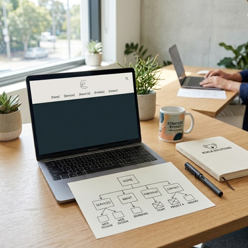 Laptop showing a simple website menu structure next to a hand-drawn sitemap for an Australian small business.