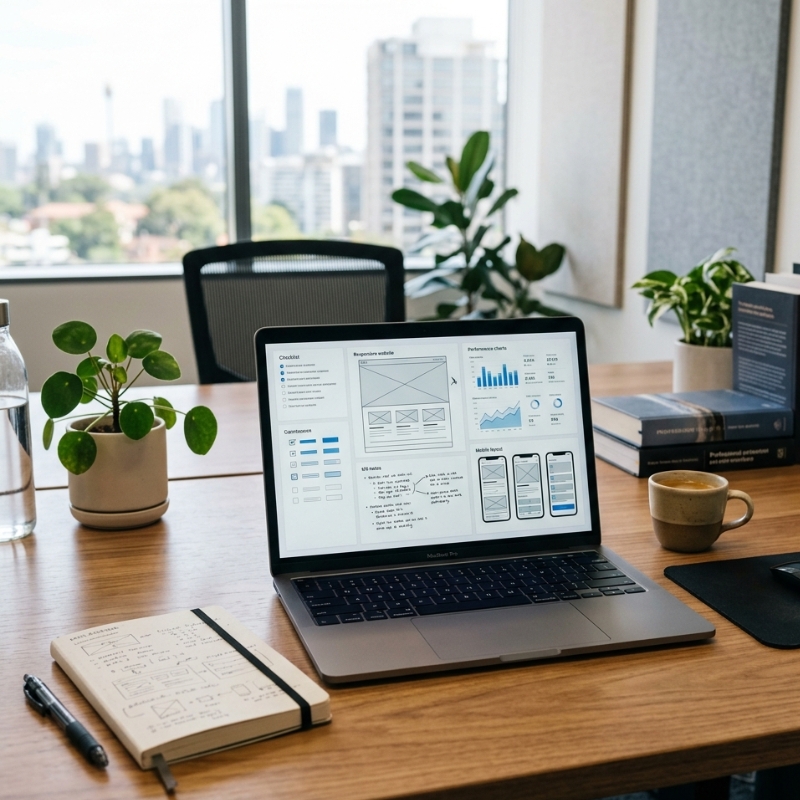 Website redesign checklist on a laptop in a modern office workspace with no people