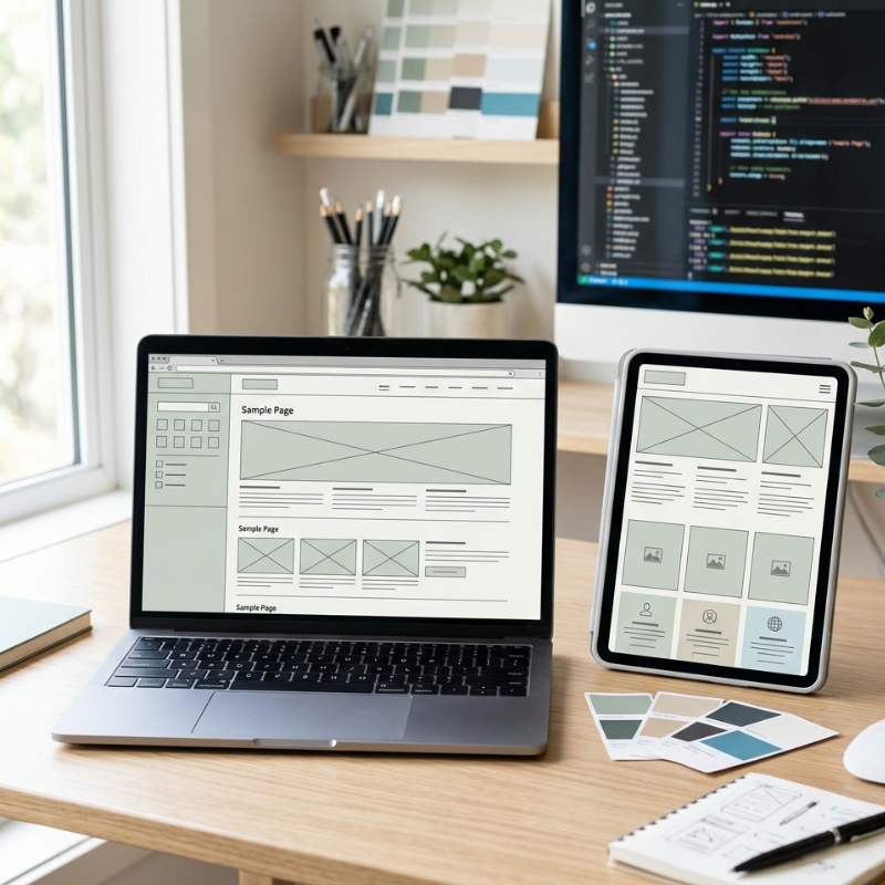 Website development workspace showing responsive wireframes and UI components for an Australian small business website