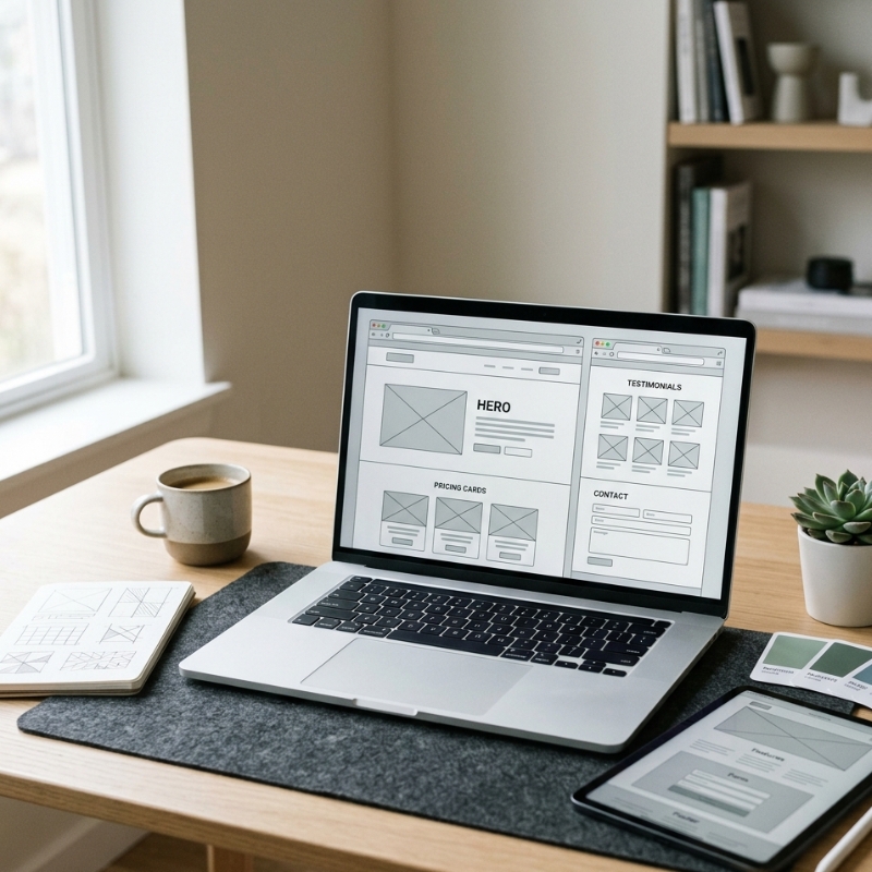 Website design layout with wireframes and conversion-focused sections on laptop and tablet
