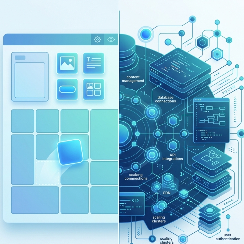 Split-screen abstract illustration showing two website development approaches: a modular DIY website builder interface on one side and a scalable custom-coded architecture system on the other, representing long-term scalability differences for small business websites.