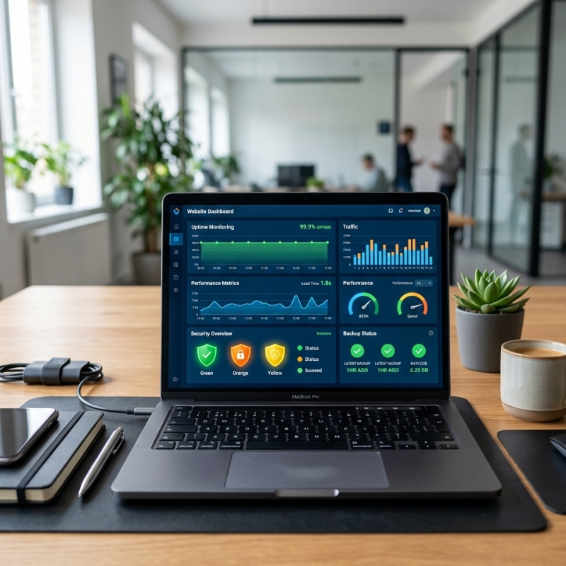 Website maintenance dashboard showing website health metrics, security status, backups, performance monitoring, and uptime tracking on a modern laptop screen.