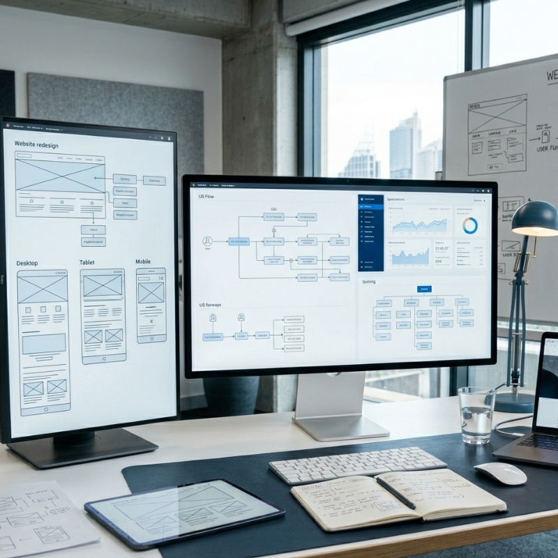 Website redesign planning workspace showing wireframes, performance analytics dashboards, navigation flow diagrams, and design mockups on multiple screens