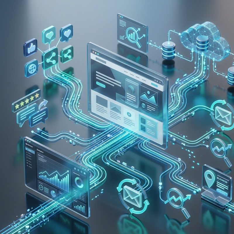 Modern digital ecosystem dashboard showing interconnected website, analytics, social media, search visibility, reviews, email marketing, cloud infrastructure, and performance metrics represented through abstract digital network elements, illustrating a strong online presence in 2026.
