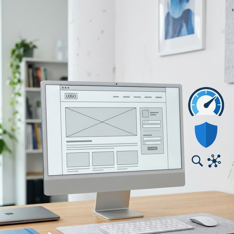 Modern website development workspace featuring a desktop computer with a clean website layout, speed and security icons representing SEO-friendly website packages.