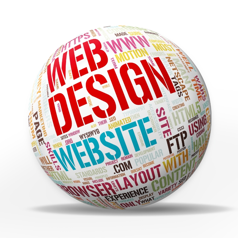 A 3D sphere made of a word cloud with prominent red "WEB DESIGN" and teal "WEBSITE" text on a white background.